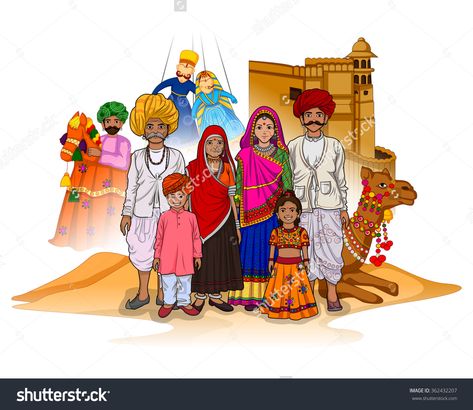 stock-vector-vector-design-of-rajasthani-family-showing-culture-of-rajasthan-india-362432207 Culture Of Rajasthan, Culture Of India, Art Competition Ideas, Moon Stars Art, Rajasthani Painting, Indian Traditional Paintings, Culture Quotes, Rajasthani Art, Drawing Competition