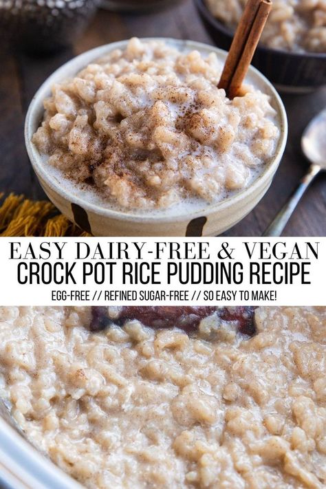 crock pot rice pudding Dairy Free Rice Recipes, Crock Pot Rice Pudding, Healthy Rice Pudding Recipe, Rice Pudding Vegan, Crock Pot Rice, Crockpot Rice Pudding, Dairy Free Rice Pudding, Slow Cooker Rice Pudding, Vegan Rice Pudding