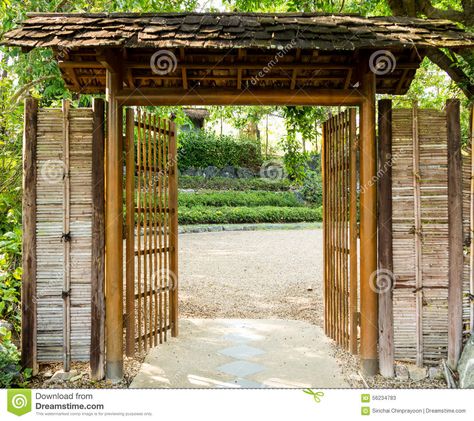 Photo about Bamboo door in gaden,Japanese style. Image of rural, nature, native - 56234783 Bamboo Doors Ideas, Bamboo Gate Ideas, Bamboo Gate Design Entrance, Bamboo Gate Design, Bamboo Cafe, Bamboo Gate, Bamboo Houses, Bamboo Door, Garden Gate Design