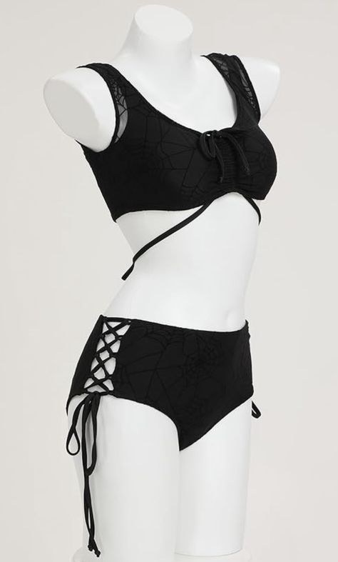 Gothic Spiderweb Black Bikini Swimsuit Tomboy Swimsuit Bikinis, Goth Swimsuit Bikinis, Goth Bathing Suit, Gothic Swimsuit, Tie Swimsuit, Black Bathing Suits, Swimsuit Black, Two Piece Swimsuit, Suit Black