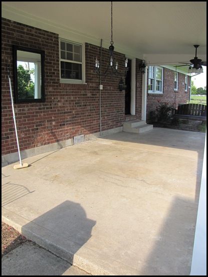 IMG_6633 Tile Patio Floor, Carport Makeover, Concrete Stain Patio, Paint Concrete Patio, Concrete Patio Makeover, Cement Patio, Painted Front Porches, Concrete Stained Floors, Porch Colors