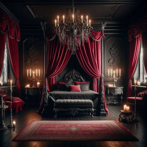 Gothic Bedroom Velvet Drapes Gothic Drapes, Dracula Bedroom, Gothic Decor Diy, Dark Queen Aesthetic, Vampire Bedroom, Vampire Room, Gothic Bedroom Ideas, Autumn Bedroom Decor, Bedroom Revamp