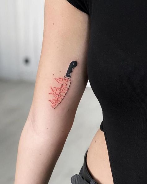 Fire Tattoo Design Ideas 2 Knife On Fire Tattoo, Fire Ankle Tattoo, Minimalist Knife Tattoo, Fire Theme Tattoo, Aries Fire Tattoo For Women, Knife Tattoo Simple, Foodie Tattoos Ideas, Knife Tattoo Women, Meat Cleaver Tattoo