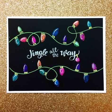 Christmas Drawing On Black Paper, Black Christmas Cards Diy, Christmas Black Board Ideas, Christmas Cards Lights, Christmas Envelope Art, Black Christmas Cards, Chalk Signs, Black Sketchbook, Light Posts