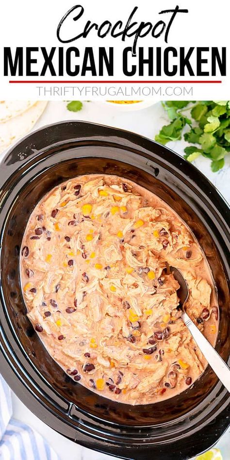 This Crockpot Mexican Chicken is creamy and super easy to make! Just layer chicken, black beans, salsa, corn and cream cheese in a crockpot, cook it and then serve it over rice, in tortillas or taco shells or over baked potatoes. So simply and delicious! Tortilla Filling, Fiesta Chicken Crockpot, Crockpot Mexican Chicken, Crockpot Mexican, Cream Cheese Corn, Magical Slow Cooker, Beans In Crockpot, Fiesta Chicken, Chicken Crockpot Recipes Easy