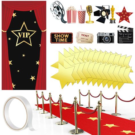 PRICES MAY VARY. What You Will Get: this package comes with 1 piece of VIP door cover, 2.6 x 15 ft red carpet, 24 pieces gold star paper cutouts, 11 pieces movie theme party cutouts and 1 piece carpet tape, this combination is nice and practical for your movie party Serve You for a Long Time: the VIP backdrop is made of polyester fabric material, the red runner rug is made of non woven material, the gold star cutouts and movie night party cutouts are made of paperboard, all of them are made of r Red Carpet Party Ideas Decoration, Movie Theme Party Decorations, Night Party Decorations, Movie Night Party Decorations, Red Carpet Theme Party, Red Carpet Sweet 16, Movie Theme Birthday Party, Christmas Banquet, Red Carpet Theme