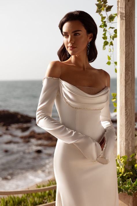 Silk Satin Off-the-Shoulder Wedding Gown | Cowl Neck Design | Sparkling Jewels | Sophistication and Dazzle | Marelli Exclusive Boat Dress, Antoinette Dress, Sequin Evening Gowns, Queen Dress, Sleeve Wedding Dress, Satin Wedding Dress, Dress Gloves, Mermaid Silhouette, Long Sleeve Wedding