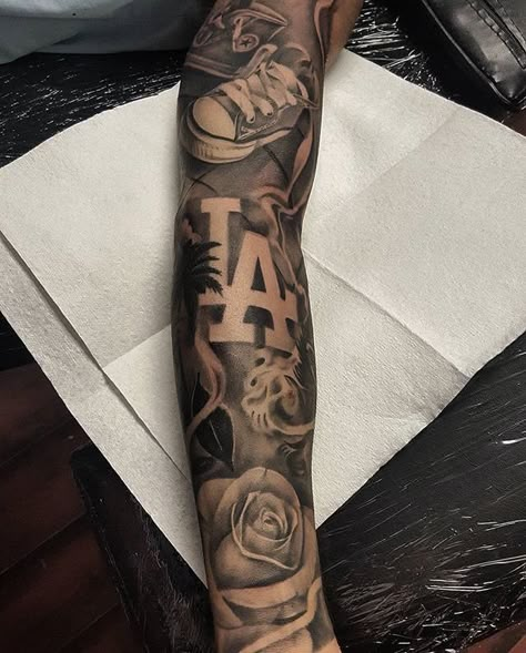 Cali Tattoo Ideas For Men, Tattoo Collage Sleeve, Crenshaw Tattoo, Worldly Tattoos, 407 Tattoo, El Paso Tattoo, La Tattoo Ideas, La Tattoos Ideas, City Tattoo Ideas