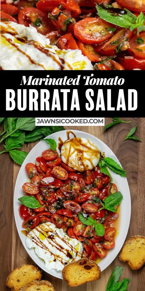 Easy, flavor-packed Marinated Tomato Burrata Salad with creamy burrata cheese, garlic herb marinated tomatoes, and fresh basil. The ultimate shareable summer salad! Burrata Board Ideas, Burrata Board, Burrata Salad Recipe, Tomato Burrata Salad, Tomato And Burrata, Burrata Recipe, Great Salad Recipes, Food Recipes Healthy, Side Salads