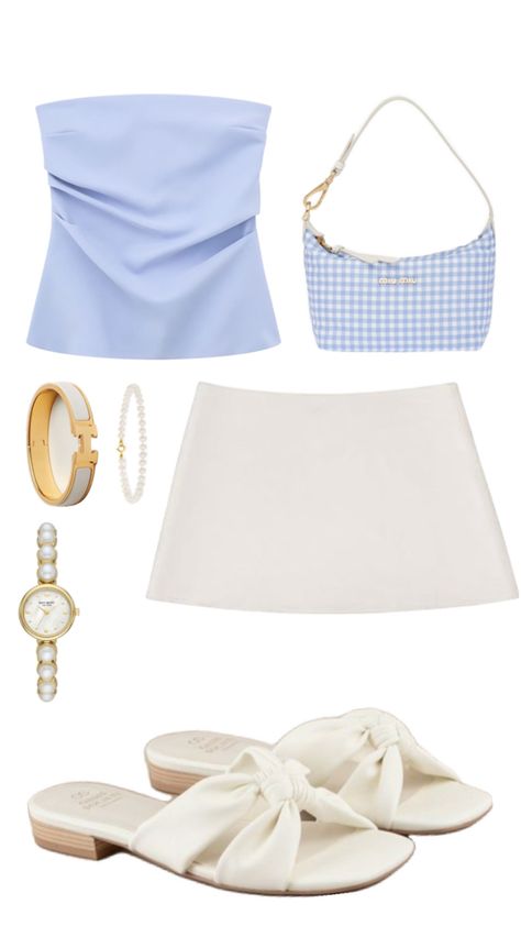 Europe inspired outfit. White linen mini skirt, blue tube top, gingham blue miu miu shoulder purse, paired with cream sandals Preppy Chic Outfits, Jamaica Outfits, Europe Travel Outfits, Beachy Outfits, 2000s Outfits, Europe Outfits, Preppy Chic, Italy Outfits, Casual Day Outfits