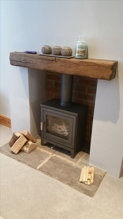 Oak Beam Fireplace, Wood Burner Fireplace, Wood Burning Stoves Living Room, Log Burner Fireplace, Log Burner Living Room, Fireplace Brick, Brick Slips, Cosy Fireplace, Wooden Fireplace