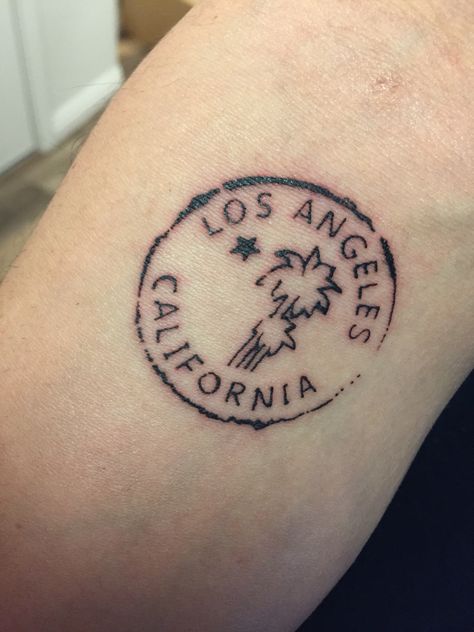 Los Angeles Postage Stamp Los Angeles Tattoo Ideas California, Small California Tattoo, La Tattoo Ideas Los Angeles Tat, California Stamp Tattoo, California Inspired Tattoo, Los Angeles Tattoo Ideas, La Tattoos Ideas, Post Stamp Tattoo, Postage Stamp Tattoo