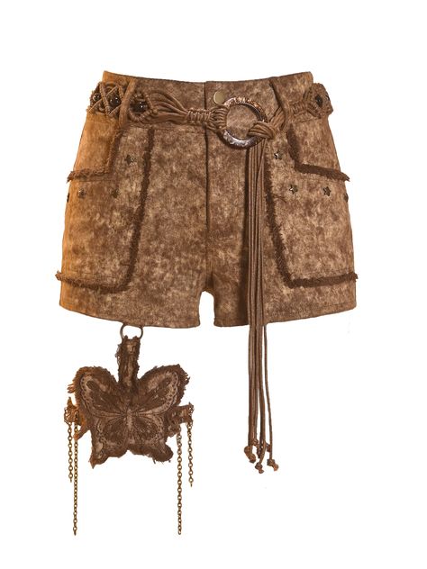 Introducing our edgy Low-Waist Distressed Hot Shorts, perfect for a bold and daring look. These shorts feature a worn-out, vintage finish with frayed edges, exuding a rebellious wasteland vibe. The hemline is tastefully distressed, adding to the overall rugged appeal. Adorned with antique bronze star studs on the pockets, these shorts bring a touch of retro charm.  Complete with a decadent butterfly chain leg garter and a vintage tassel belt, these shorts offer a unique combination of decadence Turquoise Skirt, Butterfly Chain, Tassel Belt, Leg Garter, Retro Jeans, Lace Cami Top, Stage Costume, Hot Shorts, Mesh Sleeves