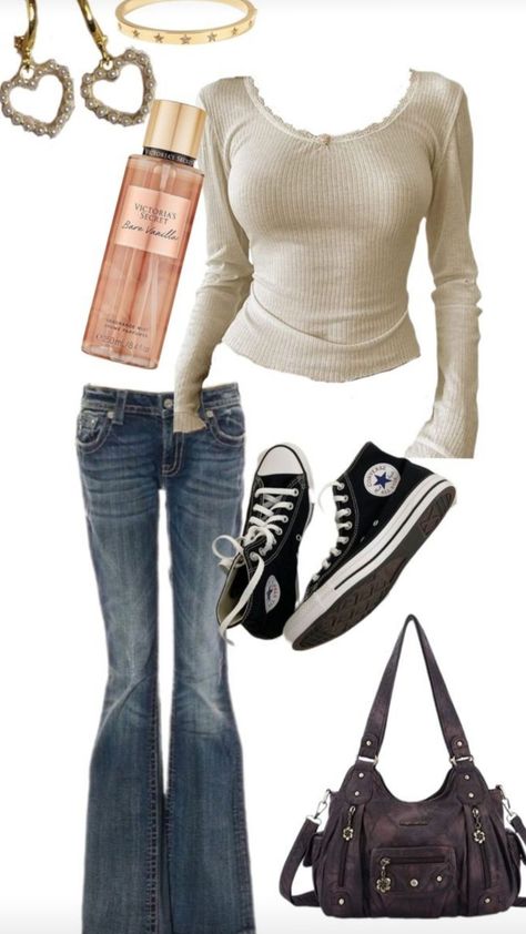 Elena Gilbert Outfit, Flair Jeans Outfit, Outfits With Flares, Outfit Coquette, 2000s Outfit, Coquette Outfit, Outfits 2000s, Downtown Outfits, 2000s Outfits