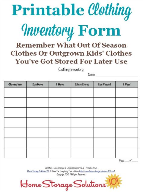 Free printable clothing inventory form that you can use to remember what out of season clothes or outgrown kids' clothes you've got stored for later use {courtesy of Home Storage Solutions 101} Displaying Clothes, Kids Clothes Storage, Inventory Printable, Household Notebook, Selling Stuff, Storage Solutions Closet, Interesting Facts About Yourself, Kids Clothes Patterns, Household Management