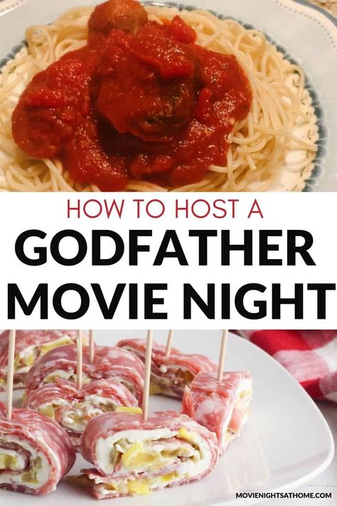 How to Host a "The Godfather" Movie Night Party Dinner And A Movie Ideas, Movie Themed Dinner Ideas, Movie Night Party Ideas, Themed Dinners Ideas, Movie Recipes, Theme Dinners, The Godfather Movie, Night Party Ideas, Movie Dinner