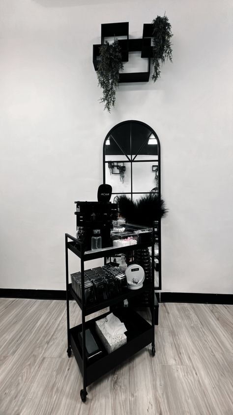 Black And Grey Lash Room, Black Spa Aesthetic, Lash Room Decor Black And Gold, Lash Room Decor Black And White, Goth Lash Room, Lash Studio Decor Black, Lash Cart Aesthetic, Lash Room Black Aesthetic, Black And White Aesthetic Lash Room