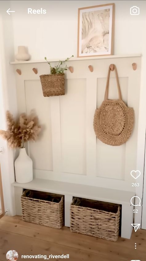 Boho House Entrance, Small Farmhouse Hallway, Hallway Ideas Cottage, Entry Wall Behind Door, Inexpensive Entryway Ideas, Small Doorway Decor, California Interior Design Style Living Room, Behind Front Door Decor Small Spaces, French Country Mudroom Entryway