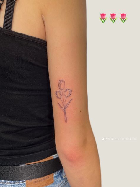 Tulips Tattoo Ideas, Tulip Aesthetic Tattoo, Bunch Of Tulips Tattoo, Fine Line Tulip Bouquet Tattoo, 3 Tulips Tattoo, Three Tulip Tattoo, Dutch Tulip Tattoo, Eidlewiss Flower Tattoo, Tulip Stamp Tattoo