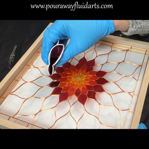 Stained Glass Resin Art | This Resin Art really does look like stained glass! #resinart #mixedmediaart #resinartist #stainedglass #stainedglassart | By Pour Away Fluid Arts Mandalas, Diy Glass Stain, Epoxy Stained Glass Window, Mixed Media Glass Art, Epoxy Resin Window Art, Resin Stained Glass Art, Stained Glass Resin Art, Stained Glass With Resin, Stained Glass Techniques