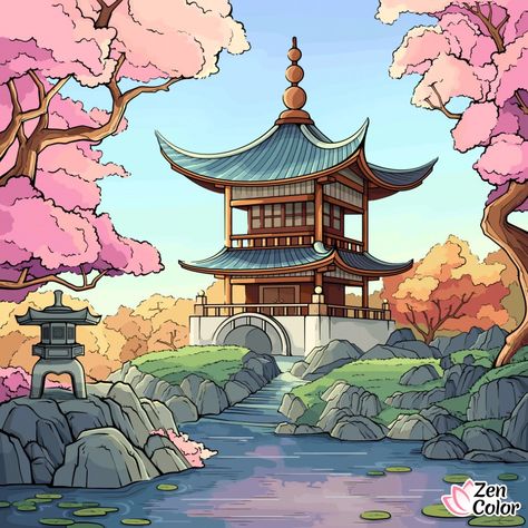 Asian Building Drawing, Japanese Castle Drawing, Japanese Building Drawing, Japanese Temple Drawing, Japanese House Art, Japanese House Drawing, Japanese Architecture Drawings, Coloring Aesthetic, Coloring Pages Aesthetic