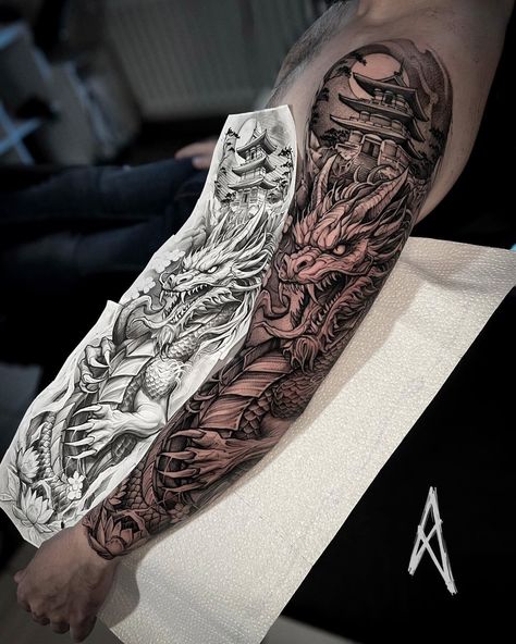 Dragon Tattoo Chest, Samurai Tattoo Sleeve, Japanese Tattoos For Men, Dragon Tattoo Ideas, Left Arm Tattoos, Dragon Tattoos For Men, Dragon Sleeve, Last Kingdom, Small Forearm Tattoos