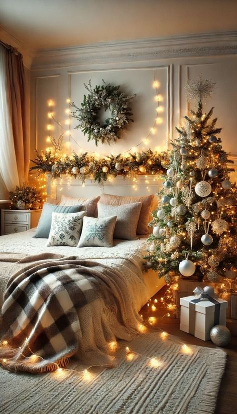 17 Super Cute Christmas Decor Ideas For Your Bedroom Small Bedroom Christmas Tree, Bedroom Christmas Tree, Christmas Setup, Winter Bedroom Decor, Christmas Wreath Designs, Dream Christmas, Affordable Christmas Decorations, Holiday Bedroom, Winter Bedroom