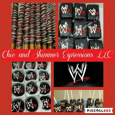 WWE Chocolate covered Oreo's, Rice Krispie Treats,Pretzels, and Marshmallow treats Wwe Desserts, Wwe Party Decorations, Wrestlemania Party, Wwe Decorations, Boxing Theme Party Ideas, Baby Jam, Wrestling Birthday Parties, Wrestling Birthday, Wwe Birthday Party