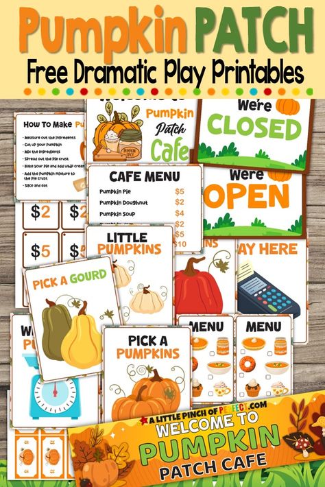 Pumpkin Dramatic Play Preschool, Free Dramatic Play Printables, Dramatic Play Printables Free, Pumpkin Patch Dramatic Play, October Homeschool, Dramatic Play Centers Preschool, Independent Play Activities, Pumpkins Preschool, Pumpkins Kindergarten