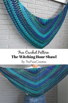 Crochet this beautiful Witching Hour Shawl in one sitting with two skeins of yarn! This shawl is crocheted with worsted weight yarn, and a large crochet hook, so it's airy and it works up quickly. Let the yarn do the heavy lifting in this project, and watch your shawl comes to life as you crochet each repeat row. I hope you guys enjoy this relaxing crochet pattern! Worsted Weight Crochet Shawl Pattern Free, Quick Shawl Crochet Pattern, Circle Shawl Crochet Pattern Free, One Skein Crochet Shawl, One Skein Shawl Crochet Pattern Free, Triangle Shawl Crochet Pattern Free, One Skein Shawl, Crochet Shaw, Crochet Triangle Shawl Pattern