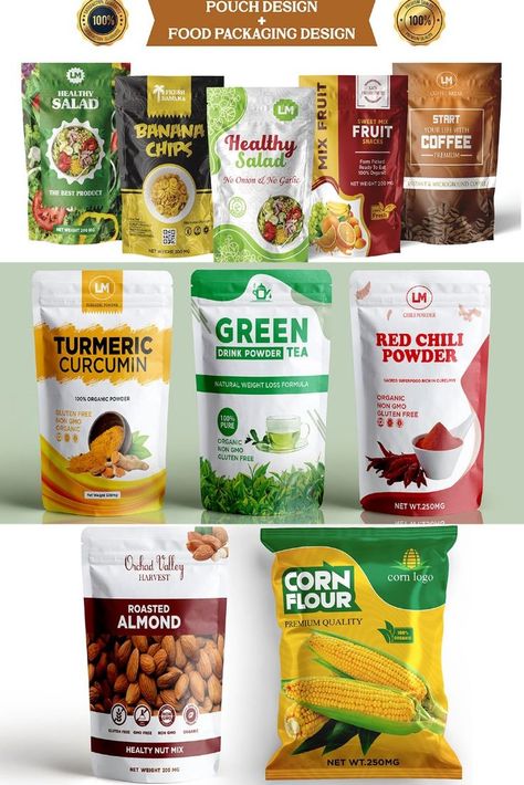 I will do pouch design, mylar bag, food packaging and label design Mylar Packaging Design, Natural Food Packaging Design, Turmeric Packaging Design, Pouch Packaging Design Inspiration, Food Label Design Stickers, Instant Food Packaging, Makhana Packaging, Food Pouch Design, Pouch Design Packaging