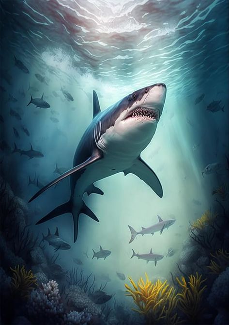 Sean Tattoo, Sea Tattoo Sleeve, Xmas Paintings, Sea Life Painting, Shark Images, Marine Life Art, Shark Pictures, Sea Tattoo, Ocean Tattoos