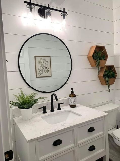 Small Half Bath Accent Wall Ideas, Half Bathroom Vanity Ideas Small Spaces, Half Bath Toilet Across From Sink, Shiplap Behind Bathroom Mirror, Half Bath Shiplap Accent Wall, Half Bathroom Painted Vanity, Shiplap Half Bathroom Ideas, Half Bath Vanity Ideas Small Spaces, Half Bath Green Vanity