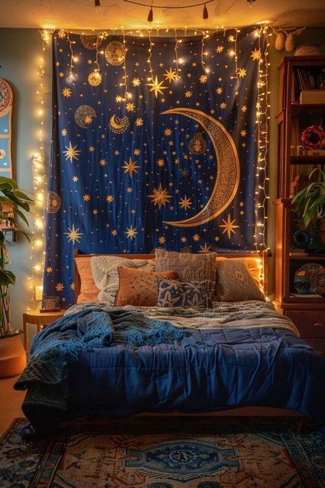 Starry Sky Room, Celestial Boho Bedroom, Astrology Themed Room, Starry Room Aesthetic, Night Room Aesthetic, Celestial Living Room, Curtain Lights Ideas, Night Aesthetic Bedroom, Starry Night Room