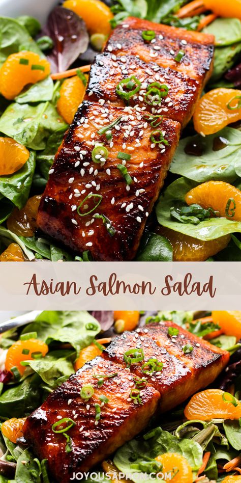 Salmon Salad - yummy and healthy salad recipe with marinated salmon makes a delicious light dinner meal! Spinach, mandarin oranges and carrots tossed in a homemade Ginger Soy Dressing topped with salmon fish. A great seafood option! Salad With Seafood Dinner, Salmon Salad Dressing Recipes, Salmon Salad Dressing Vinaigrette Recipe, Salmon Over Salad, Salmon And Slaw, Salmon In Salad, Salmon With Carrots, Citrus Salmon Salad, Salad To Pair With Salmon