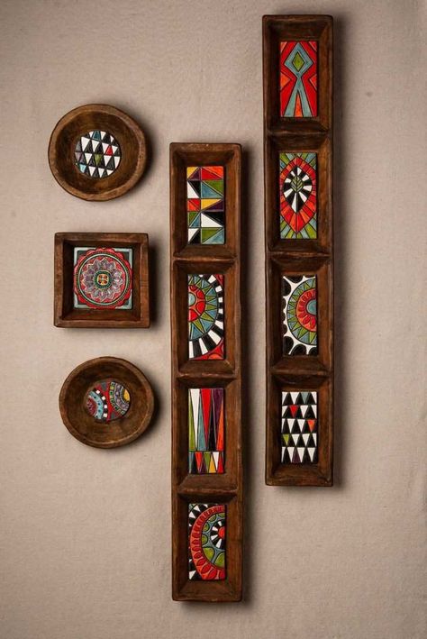 These Wood Wall Hanging Decor, Wood And Clay Art, Arts And Crafts Design Style, Asymmetrical Wall Decor, Framed Tile Wall Art, Tile Pictures Wall Art, Tiles Decoration Ideas, Frame Art Ideas, Wood Wall Decor Ideas