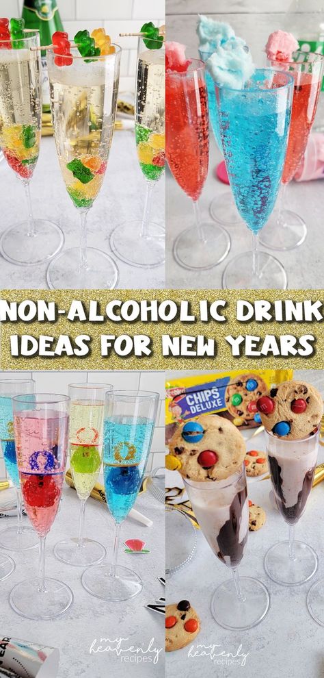 Non Alcoholic Drinks for New Years Eve- mocktails unique fun ideas for kids and adults. Non-alcoholic drinks to make. No alcohol. Nye Drinks For Kids, New Years Drink Ideas, New Years Drink, New Year Eve Kids Activities, Nye Party Food, Fun Kids Drinks, Nye Drinks, New Years Eve Snacks, Christmas Drinks Nonalcoholic