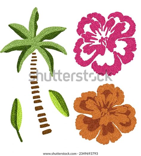 Tropical Embroidery Set Colorful Flower Coconut Stock Illustration 2349693793 | Shutterstock Tropical Embroidery, Dress 2024, Farm Rio, Image Illustration, Colorful Flowers, Palm Trees, Digital Paper, Stock Illustration, Print Patterns