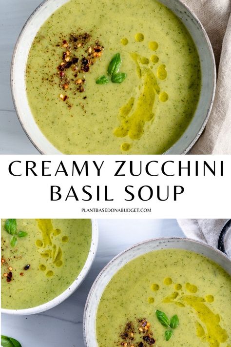 Vegan Zucchini Soup, Zucchini Soup Recipes, Creamy Zucchini, Zucchini Soup, Summer Soup, Basil Recipes, Green Soup, Basil Soup, Vegan Zucchini