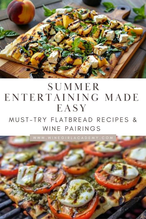 Looking for delicious and easy recipes to elevate your summer entertaining? Check out these three mouthwatering flatbread recipes paired with the perfect wines. From Grilled Peach, Brie, and Basil Flatbread to Grilled Tomato, Pesto, Mozzarella, and Capers Flatbread, and Grilled Chicken, Granny Smith Apple, and Smoked Gouda Flatbread, these recipes are sure to impress your guests and make your summer parties unforgettable. Pin now for your next gathering! Summer Flatbread Recipes, Tomato Pesto Mozzarella, Summer Flatbread, Peach Brie, Flatbread Appetizers, Sophisticated Food, Pesto Mozzarella, Grilled Flatbread, Easy Flatbread