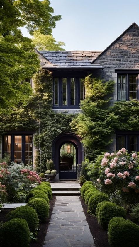 House Covered In Vines, Country Stone House, Modern Gothic Home, Modern English Cottage, Home Front Elevation, Country House Exterior, Houses Design, Modern Gothic, Front Elevation Designs