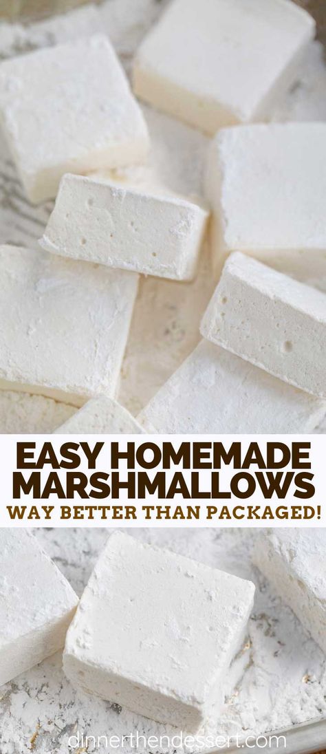 Homemade Marshmallows made from gelatin, sugar, corn syrup, and vanilla extract are sweet, fluffy, and incredibly EASY to make! #easy #vanilla #marshmallows #best #howtomake #diy #dessert #dinnerthendessert Marshmallow Recipes, Homemade Marshmallow Recipe, Grill Dessert, Recipes With Marshmallows, Homemade Marshmallows, Homemade Candies, Köstliche Desserts, Christmas Cookie, Candy Recipes