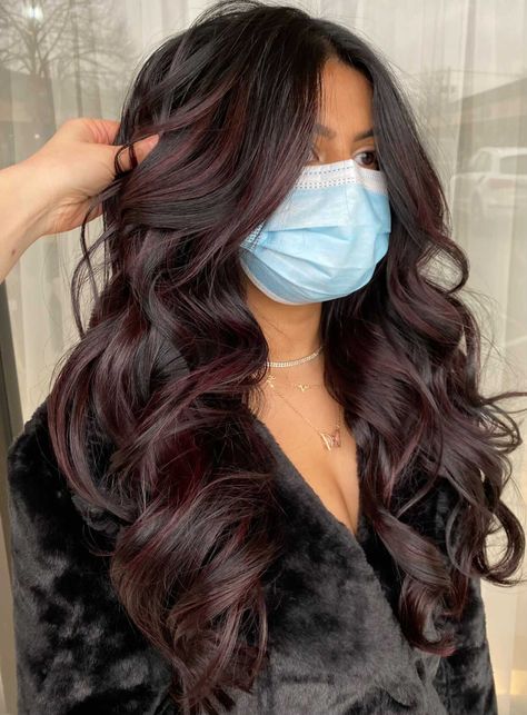 Wine Red And Brown Hair, Dark Purple Baylage Hair, Black And Reddish Brown Hair, Wine Colored Hair Balayage, Black Hair Maroon Highlights, Dark Brown With Plum Highlights, Dark Brown Hair With Red Highlights Fall, Dark Hair With Maroon Highlights, Brunette With Cherry Highlights