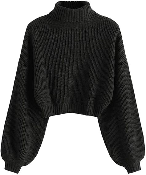 ZAFUL Women's High Neck Lantern Sleeve Ribbed Knit Pullover Crop Sweater Jumper at Amazon Women’s Clothing store Cropped Black Sweater Outfit, Black Sweater Women, Black Winter Pants, Black Knitted Sweater, Cropped Turtleneck Sweater, Hogwarts Dr, Cropped Turtleneck, Design Outfit, Pullover Mode