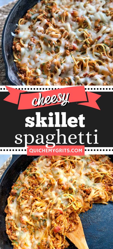 Two graphics depicting cheesy skillet spaghetti in a black skillet with melted cheese on top. Skillet Spaghetti, How To Make Spaghetti, Spaghetti Dinner, Rainbow Salad, Easy Spaghetti, Italian Sauce, Skillet Recipes, Dinner Entrees, Dinner Inspiration