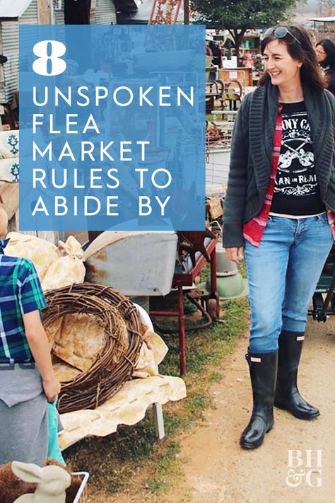 An insider guide to shopping barn sales, flea markets, and trade day markets that will help you find the best items and the right prices. #fleamarket #upcycle #fleamarkettips #fleamarketdecor #bhg What To Sell At Flea Markets, Flea Market Shopping Outfit, Antique Shopping Outfit, Vintage Vignettes Flea Markets, Flee Market Outfit, Flea Market Outfit Ideas, Flea Market Decorating Funky Junk, Flea Market Displays Booth Ideas, Flea Market Set Up Ideas