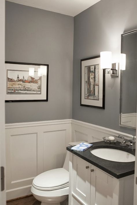 Small Modern Powder Room Pikes peak grey Benjamin moore Traditional Interior, Traditional Powder Room, Makeover Kamar Mandi, Ideas Baños, Downstairs Bathroom, Half Bathroom, Pikes Peak, Bathroom Redo, Bathroom Renos