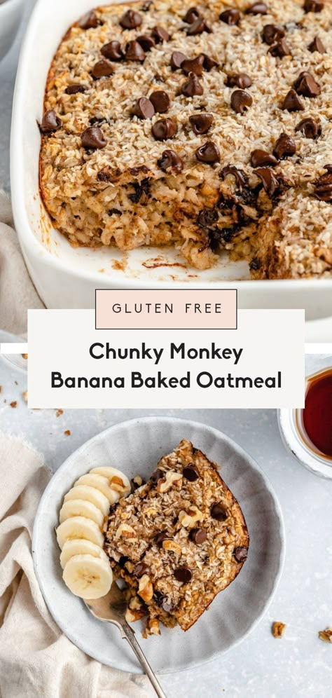 Chunky Monkey Banana Baked Oatmeal | Ambitious Kitchen Oatmeal Bake, Monkey Banana, Healthy Oatmeal Breakfast, Banana Baked Oatmeal, Monkey And Banana, Dairy Free Chocolate Chips, Ambitious Kitchen, Baked Oatmeal Recipes, Peanut Butter Oatmeal Cookies