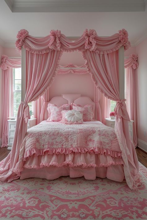 29 Girls Bed With Canopy Ideas for a Princess Vibe - My Elegant Home Girly Pink Bedroom, Pink Bedroom Walls, Whimsical Bedroom, Dream Bedroom Inspiration, Pink Bedroom For Girls, Pink Bedroom Decor, Princess Room, Pink Bedrooms, Romantic Bedroom