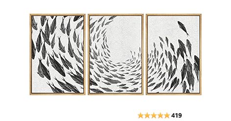 Illustrations Modern Art Minimalist Relax/Calm Black and White for Living Room, Bedroom, Office - 24"x36"x3 Natural Neutral Picture Frames, Fish Abstract, School Of Fish, White Wall Art, Art Minimalist, Black And White Abstract, Abstract Canvas Art, Framed Canvas Wall Art, Modern Artwork